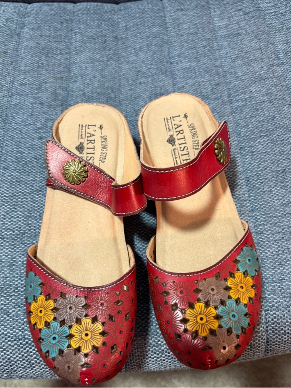 L'ATISTE Red Leather Floral Slip-On Mules with Multicolor Flowers